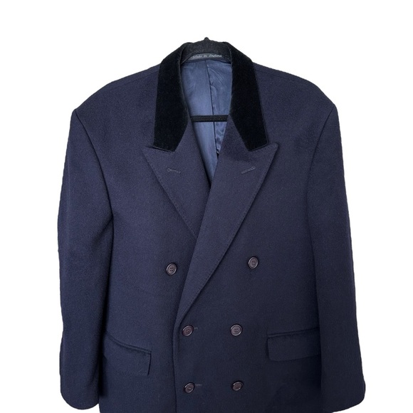 HARVIE & HUDSON London Vintage Navy Wool Overcoat Velvet Collar Quiet Luxury - Picture 2 of 16